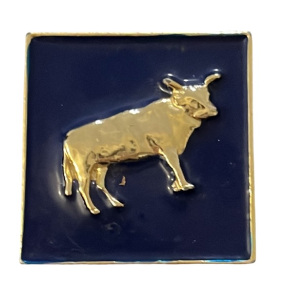 Vintage Blue Enamel Taurus Zodiac Sign Horoscope Gold Plated Square Retro Brooch